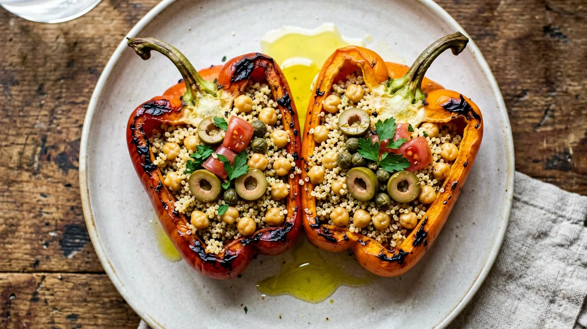 Peperoni ripieni di quinoa, ceci e olive al forno