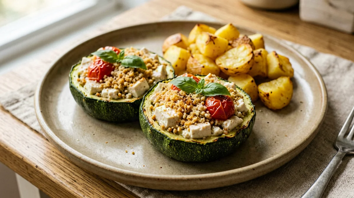 Zucchine tonde ripiene di tofu, pomodorini e basilico