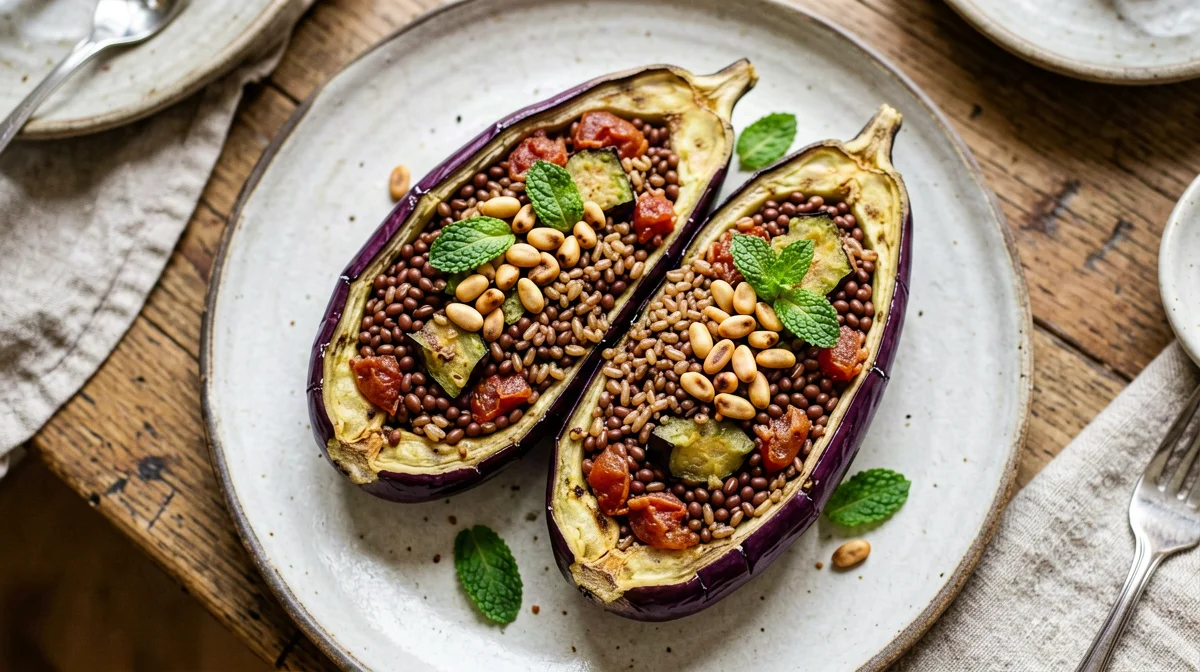 Aubergines stuffed with lentils, tomato and mint