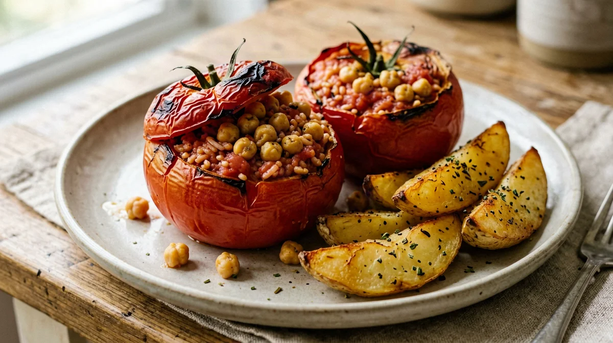 Tomatoes stuffed with rice and chickpeas with roast potatoes