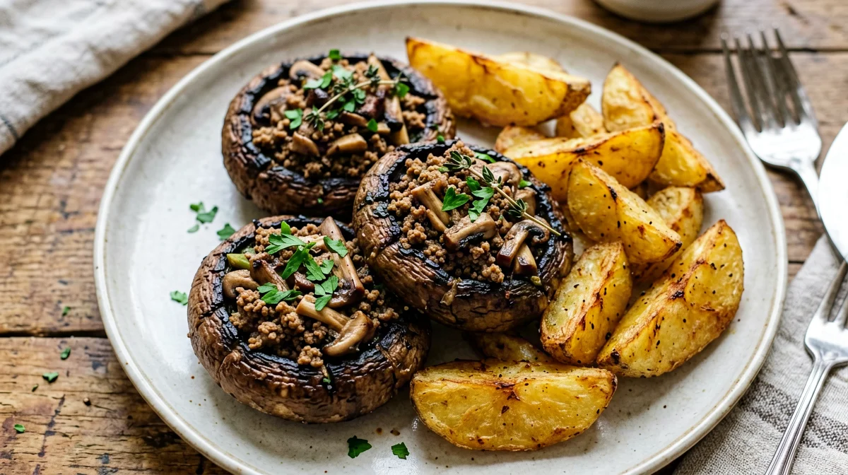 Portobello mushrooms stuffed with herby tempeh and potatoes