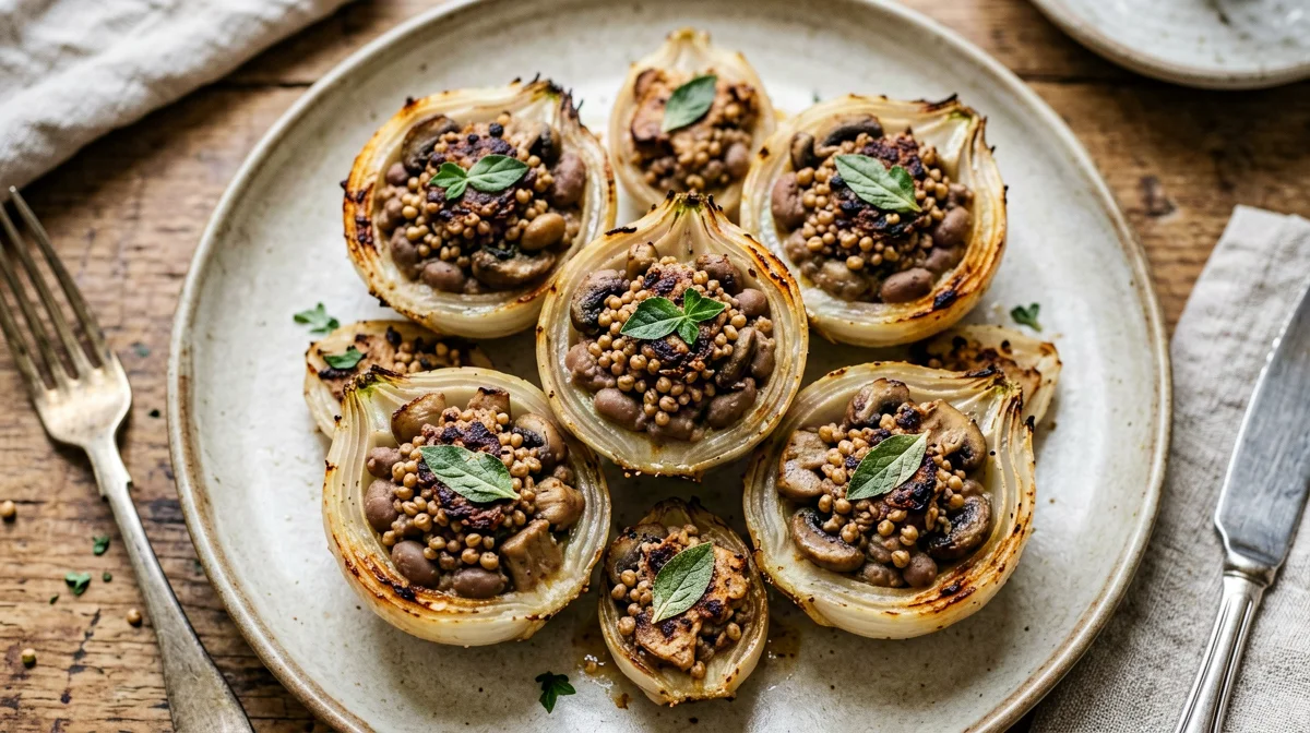 Cipolle ripiene di grano saraceno e funghi alla piemontese