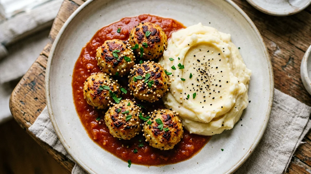 Chickpea and quinoa meatballs in tomato sauce with mashed potatoes