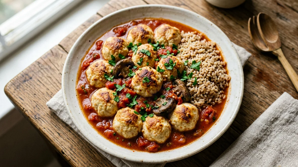 Polpettine di tofu e funghi in umido con riso integrale