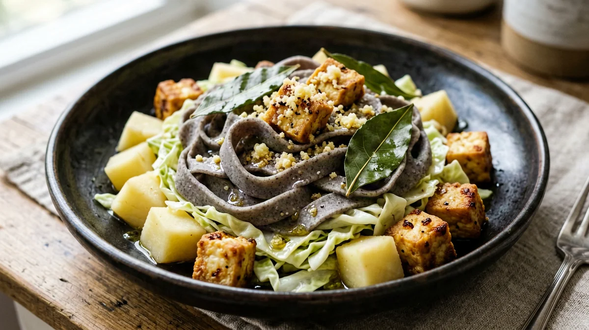 Pure-buckwheat pizzoccheri with savoy cabbage, potatoes and smoked tofu