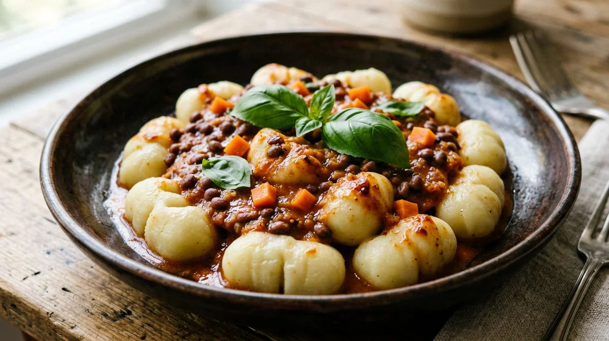 Potato and rice-flour gnocchi with lentil ragù