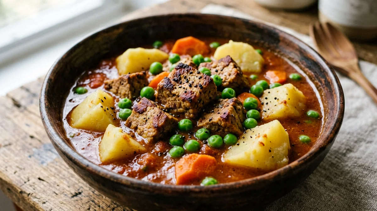 Tempeh stew with potatoes and peas