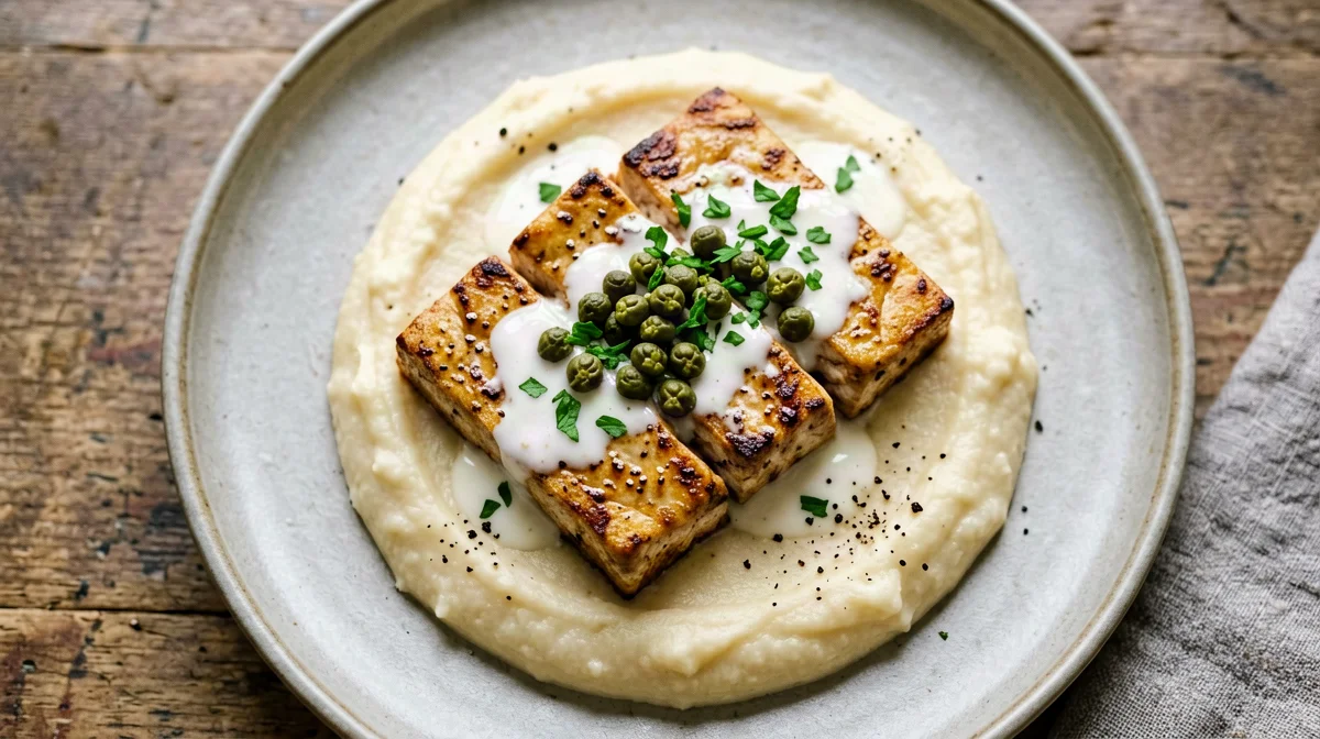 Tofu with white wine and capers on celeriac mash