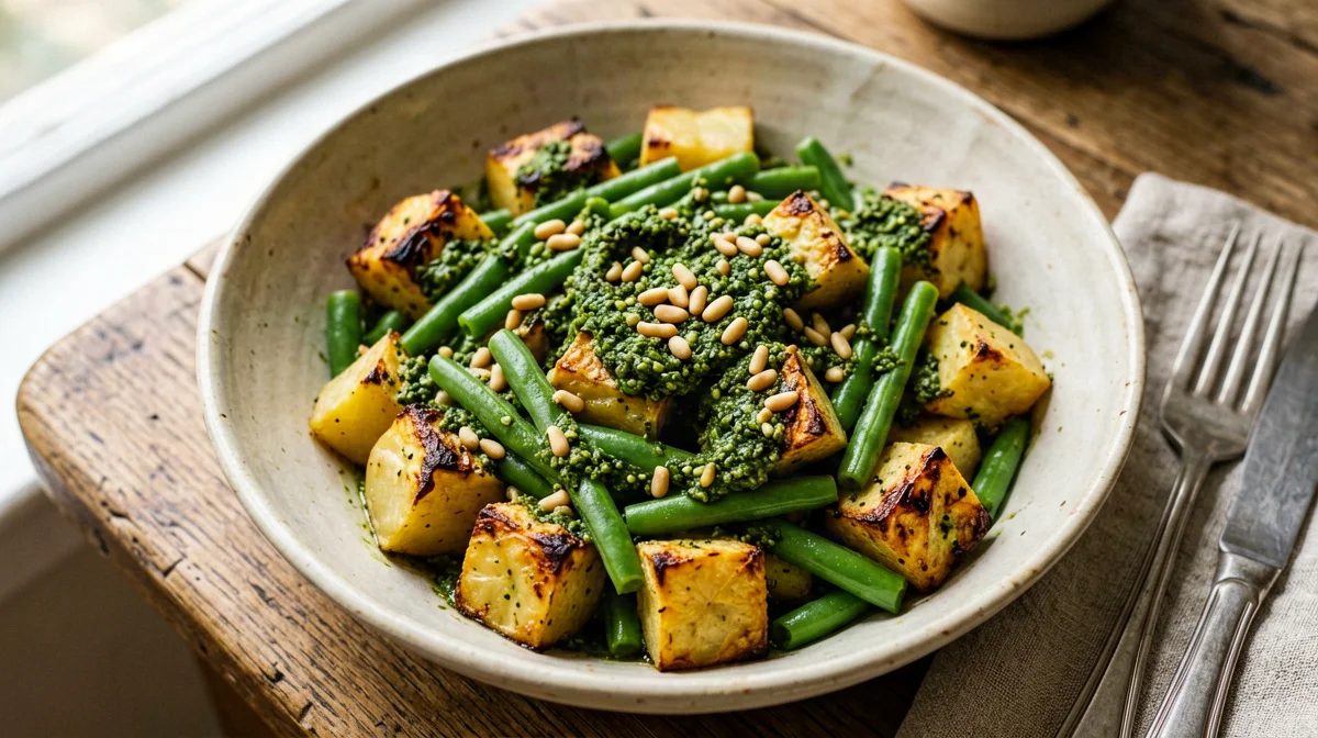 Teglia ligure di patate, fagiolini e tofu al pesto
