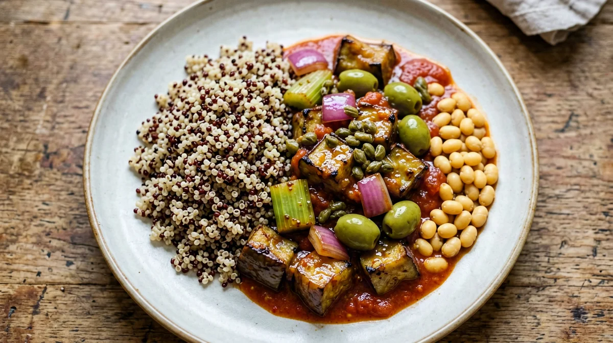 Quinoa con caponata di melanzane e lupini