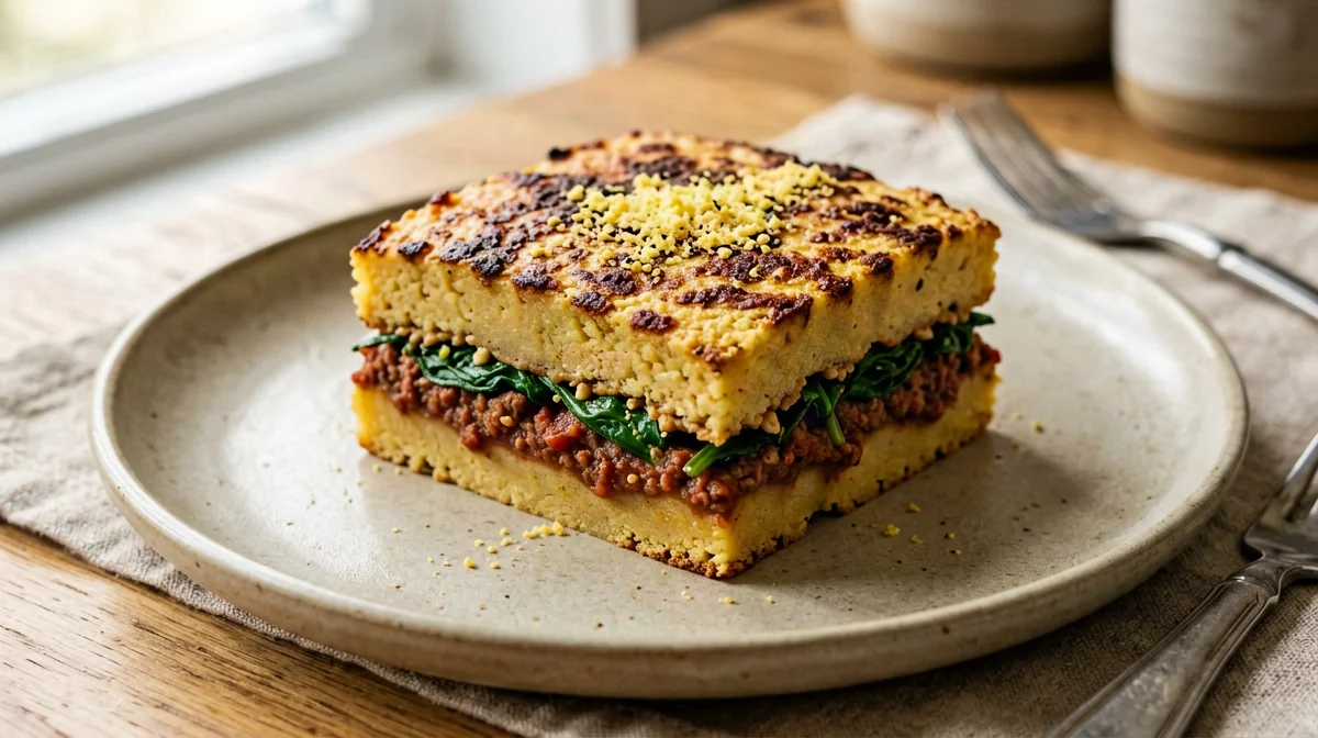 Sformato di polenta a strati con ragù di soia e spinaci