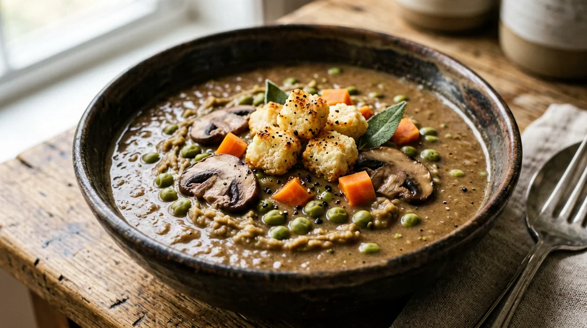 Zuppa di cicerchie e funghi con crostini di polenta