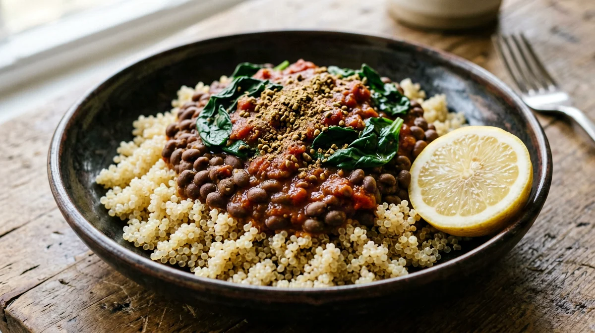 Stewed lentils with quinoa, spinach and lemon