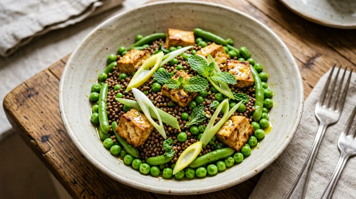 Warm buckwheat salad with broad beans and peas