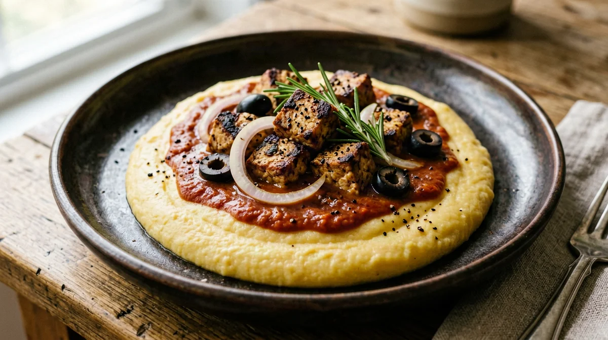 Tofu alla cacciatora con olive, rosmarino e polenta