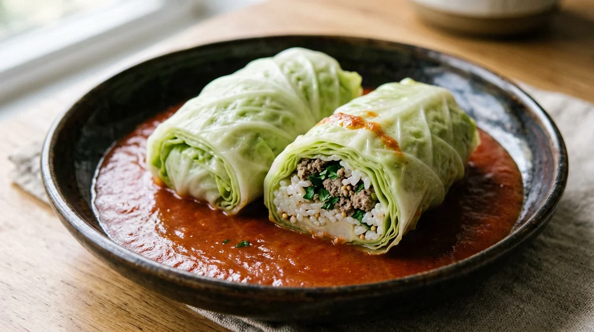 Savoy cabbage rolls with rice and tempeh in tomato