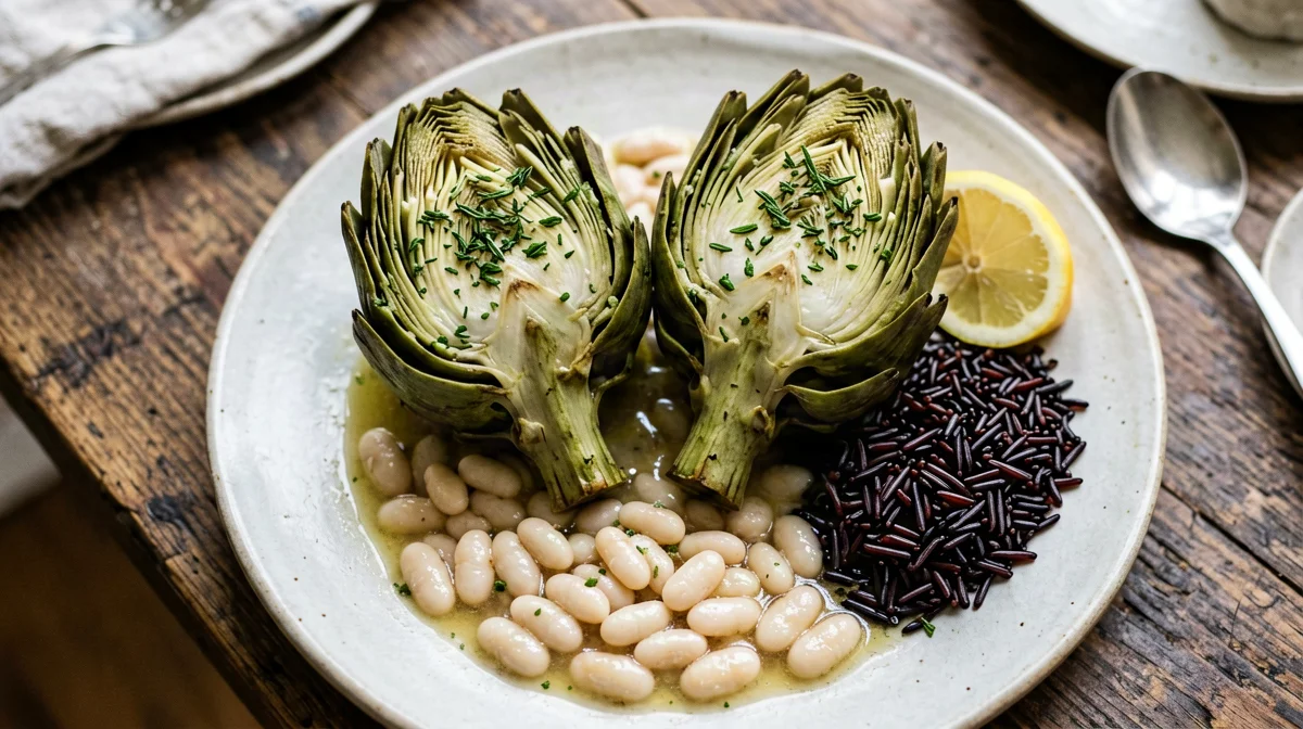 Carciofi alla romana con fagioli cannellini e riso selvatico
