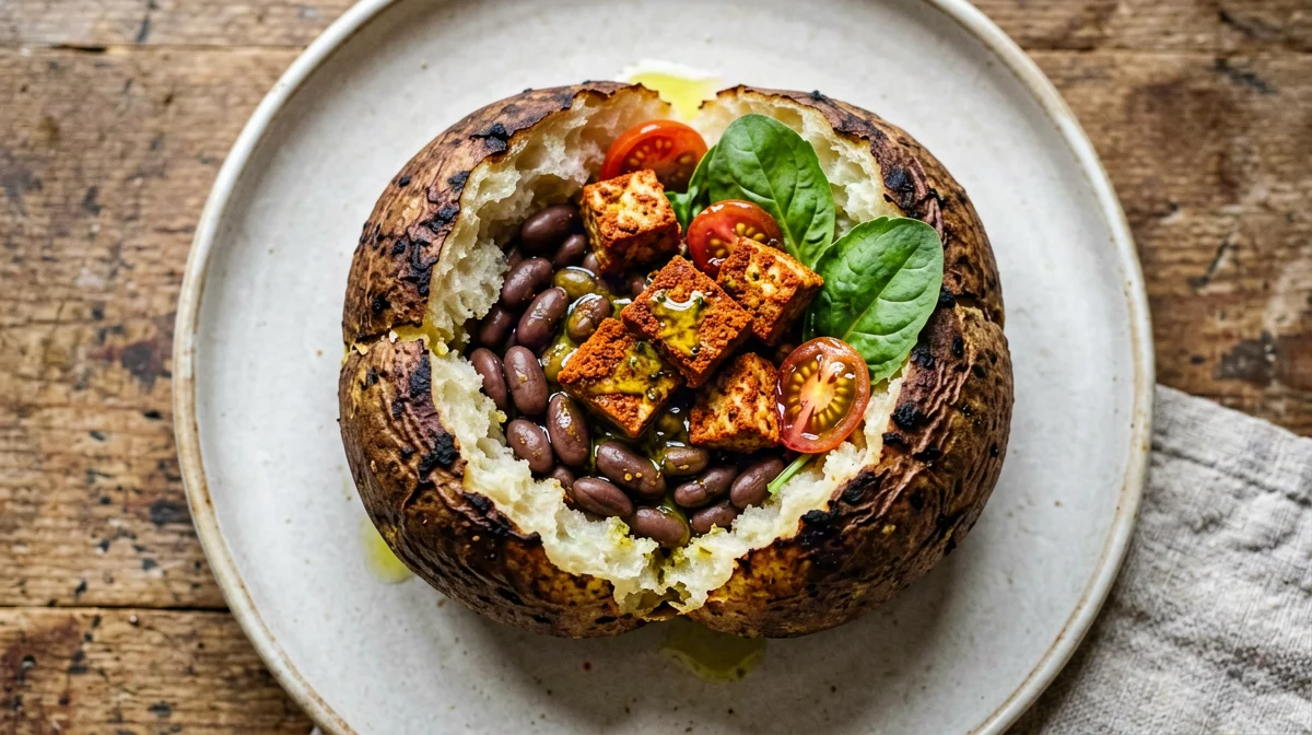 Baked potatoes stuffed with beans, rocket and crispy tofu