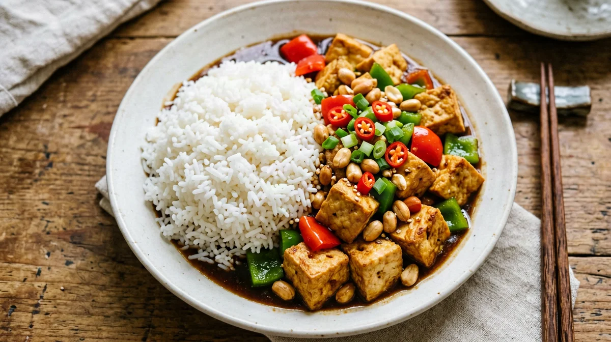 Kung pao tofu with peanuts, peppers and jasmine rice