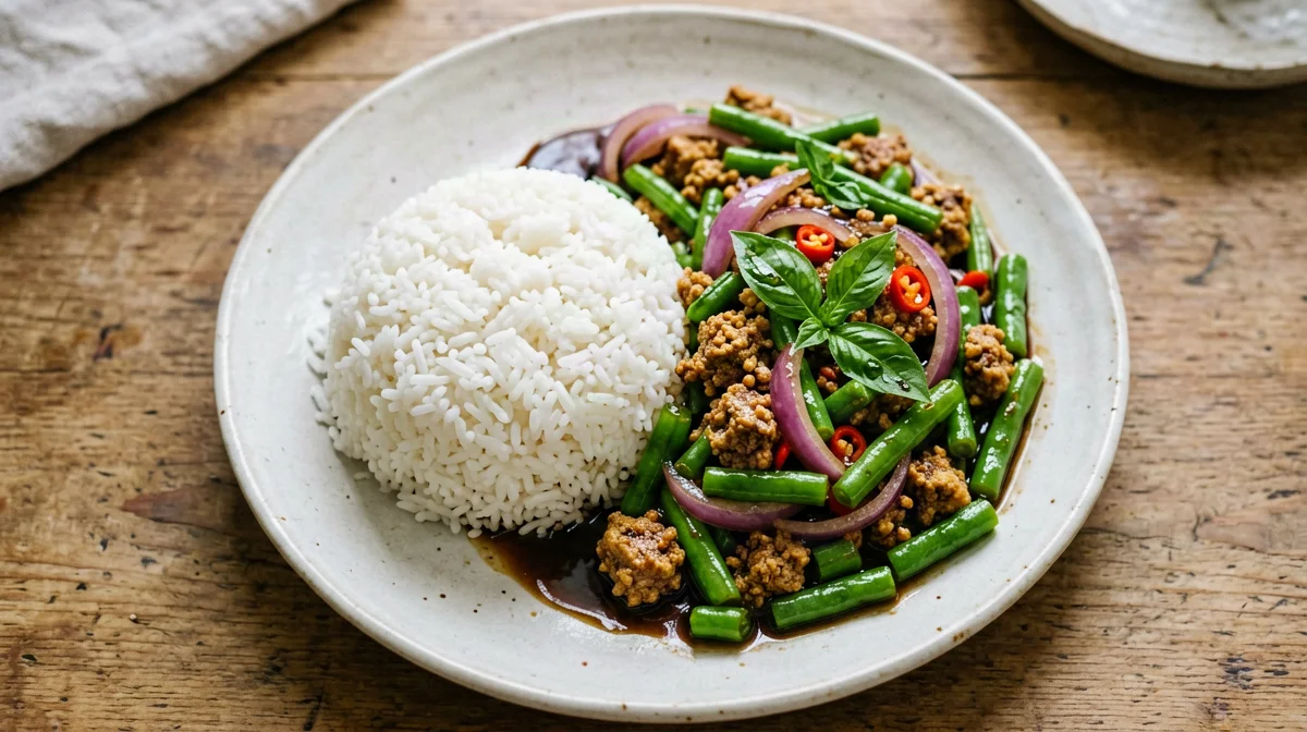 Thai basil tempeh (pad kra pao) with jasmine rice