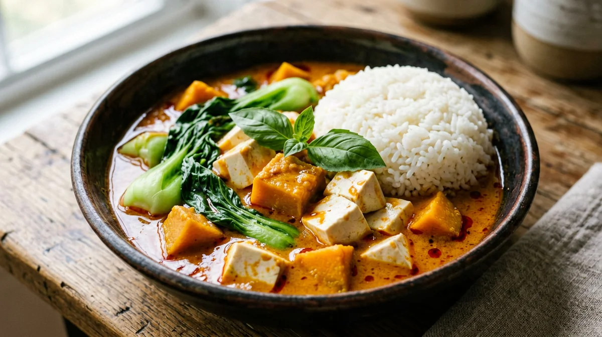 Thai red curry with tofu and pumpkin and jasmine rice