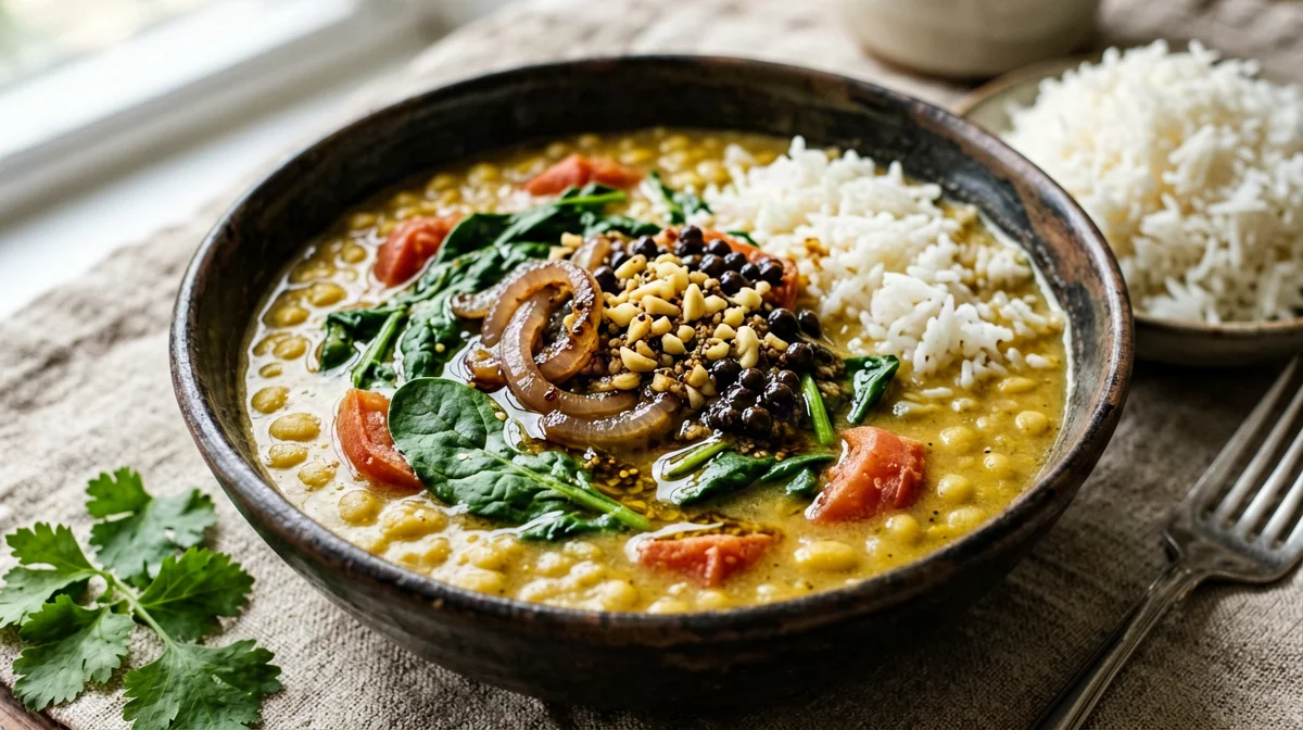 Red lentil dal tadka with spinach and basmati rice