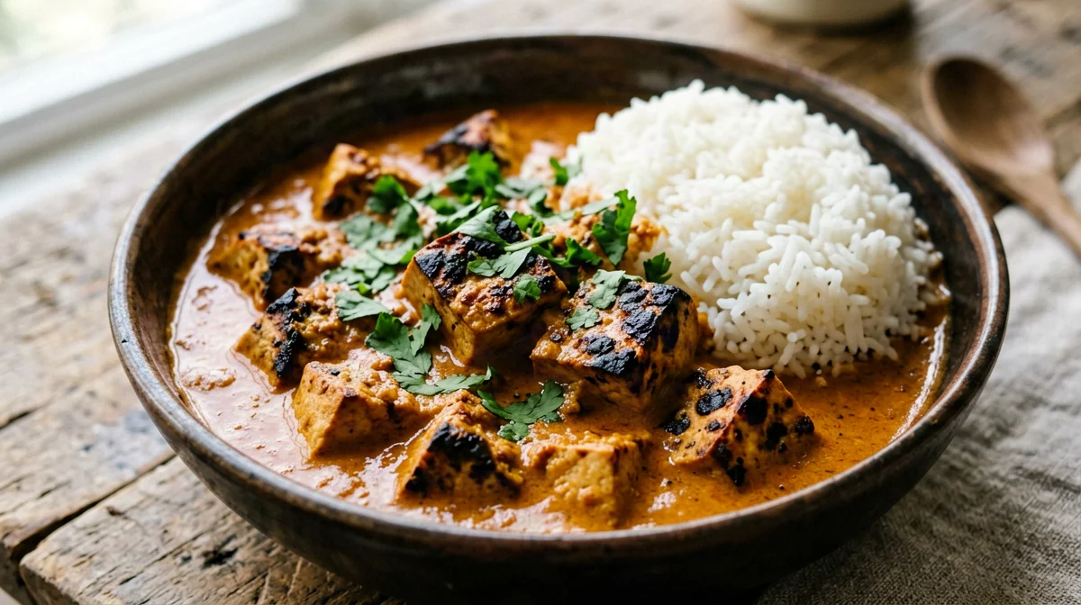 Tofu tikka masala con yogurt di soia e riso basmati
