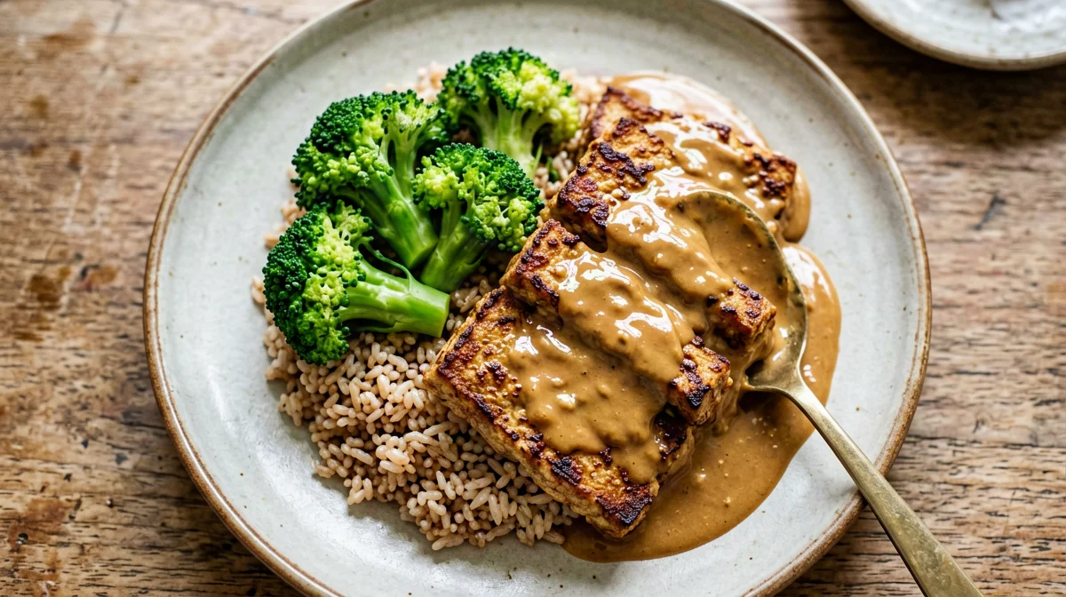 Satay tempeh with broccoli and brown rice