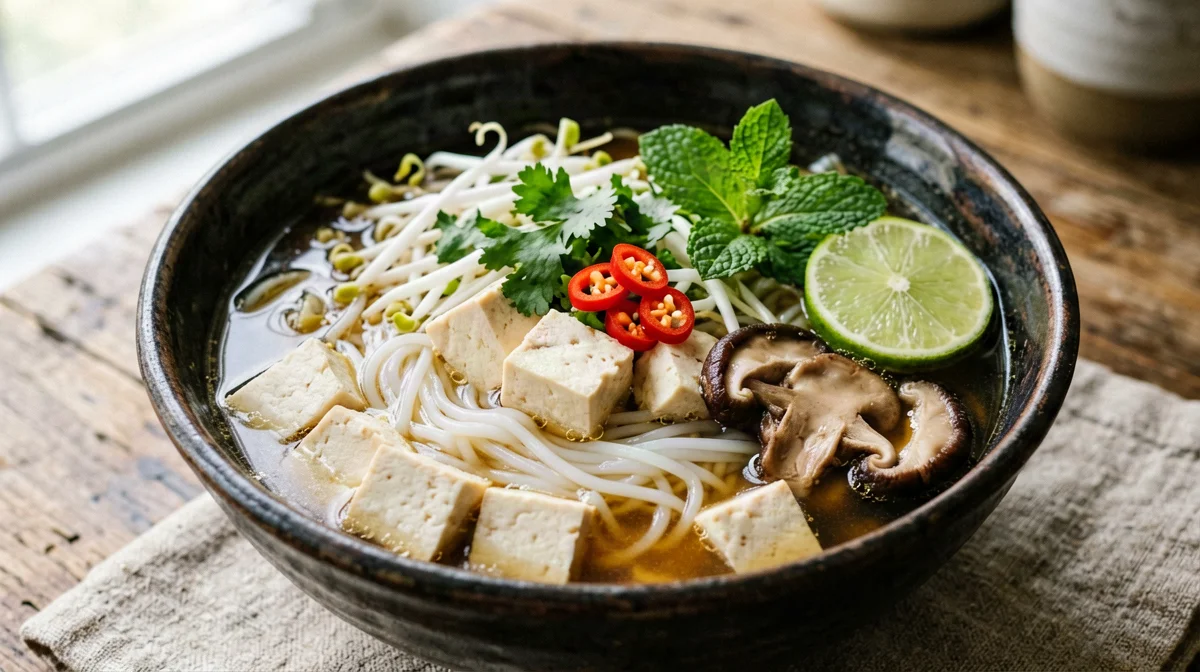 Pho vegetale con tofu, funghi shiitake e spaghetti di riso