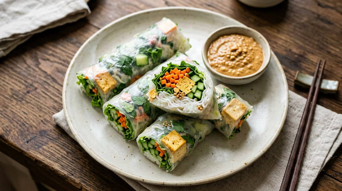 Involtini freschi di carta di riso con tofu e salsa di arachidi