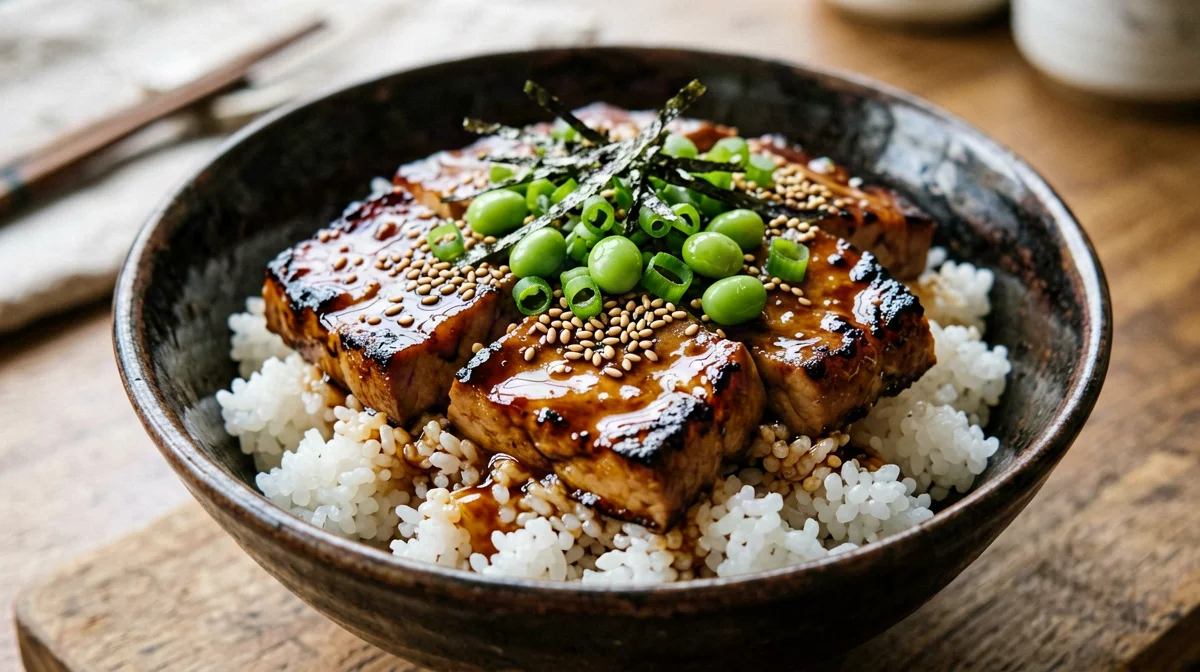 Donburi di tofu teriyaki con edamame e sesamo