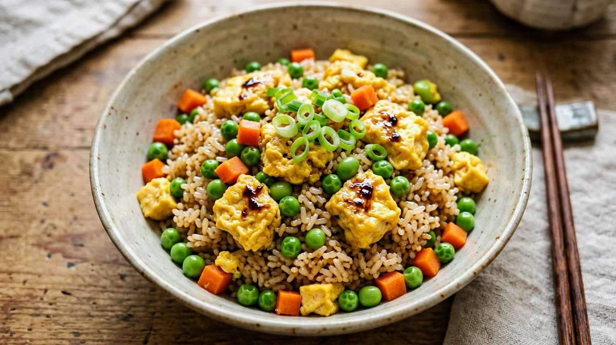 Riso saltato alla cantonese con tofu, edamame e piselli