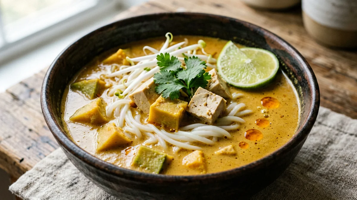 Laksa di tofu e zucca con spaghetti di riso