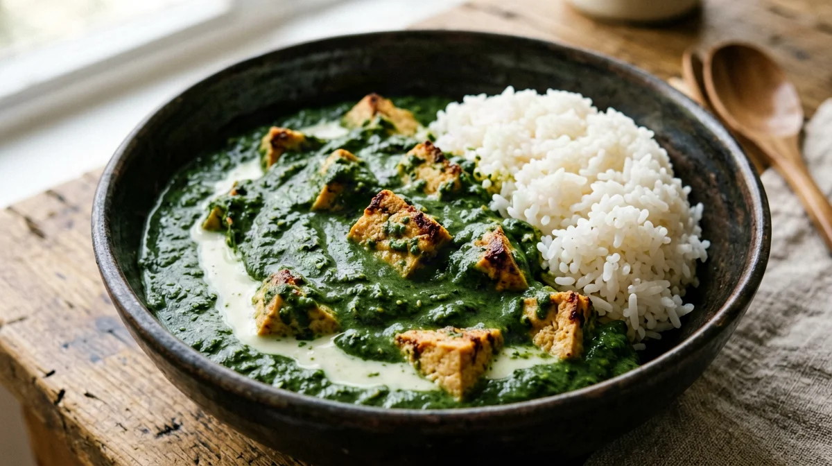 Saag tofu with spinach and garam masala and basmati rice