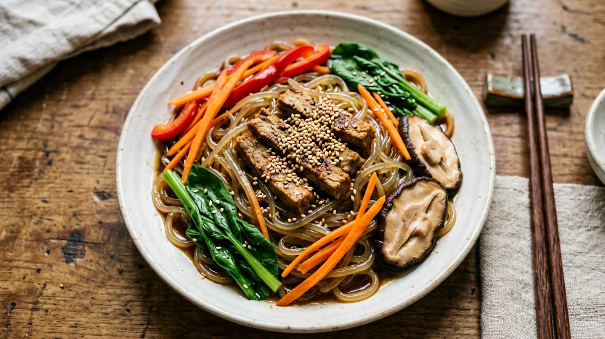 Japchae vegano di spaghetti di fagioli mungo con tempeh e peperoni