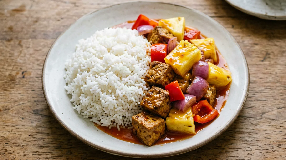 Sweet and sour pineapple tempeh with jasmine rice