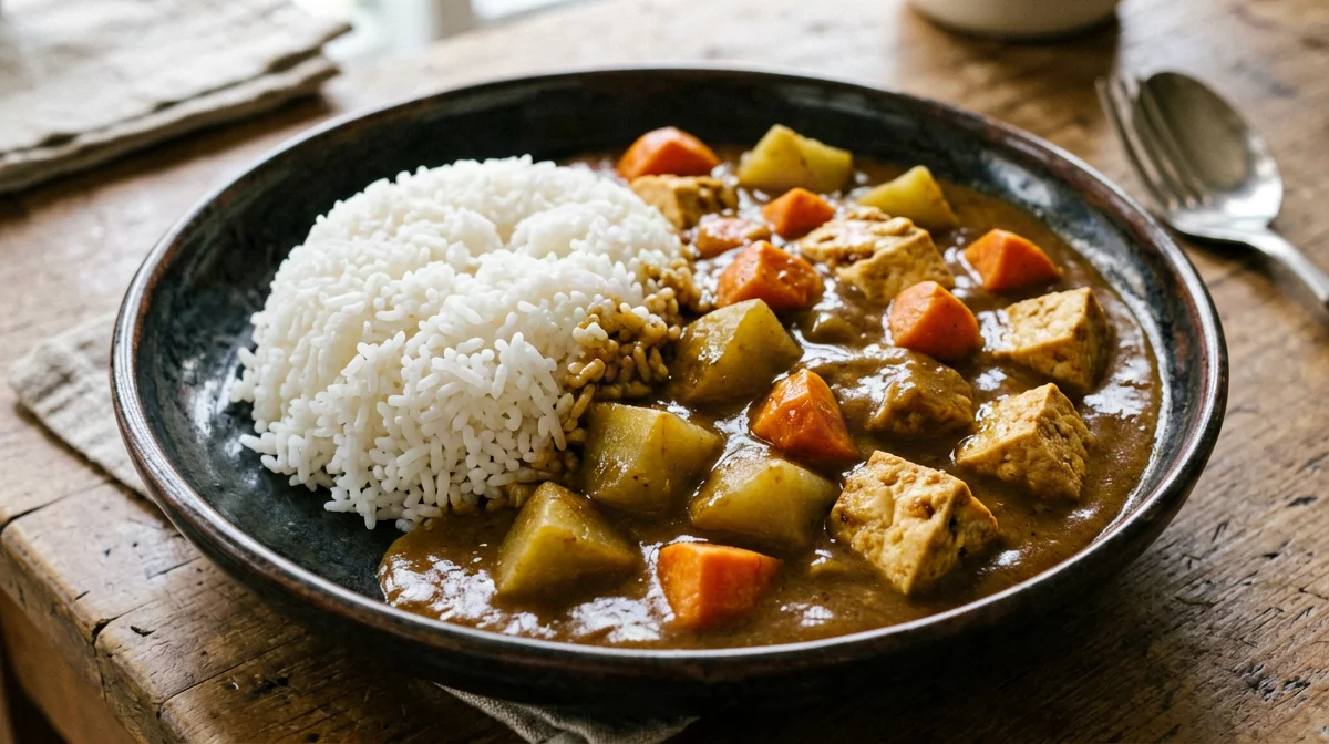 Curry giapponese di tofu, patate e carote con riso