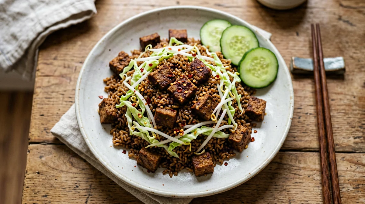 Nasi goreng di tempeh con cavolo e germogli