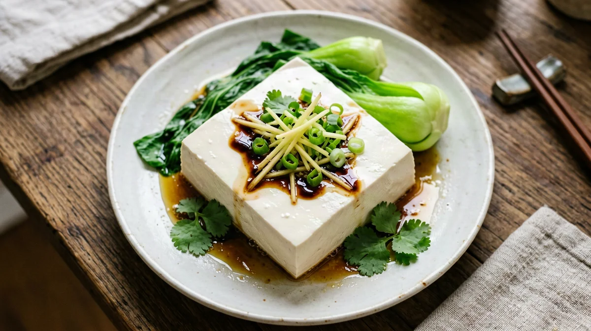 Tofu al vapore con zenzero, cipollotto e pak choi su riso