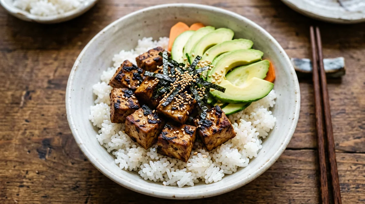 Vegan chirashi with marinated tofu, avocado and cucumber