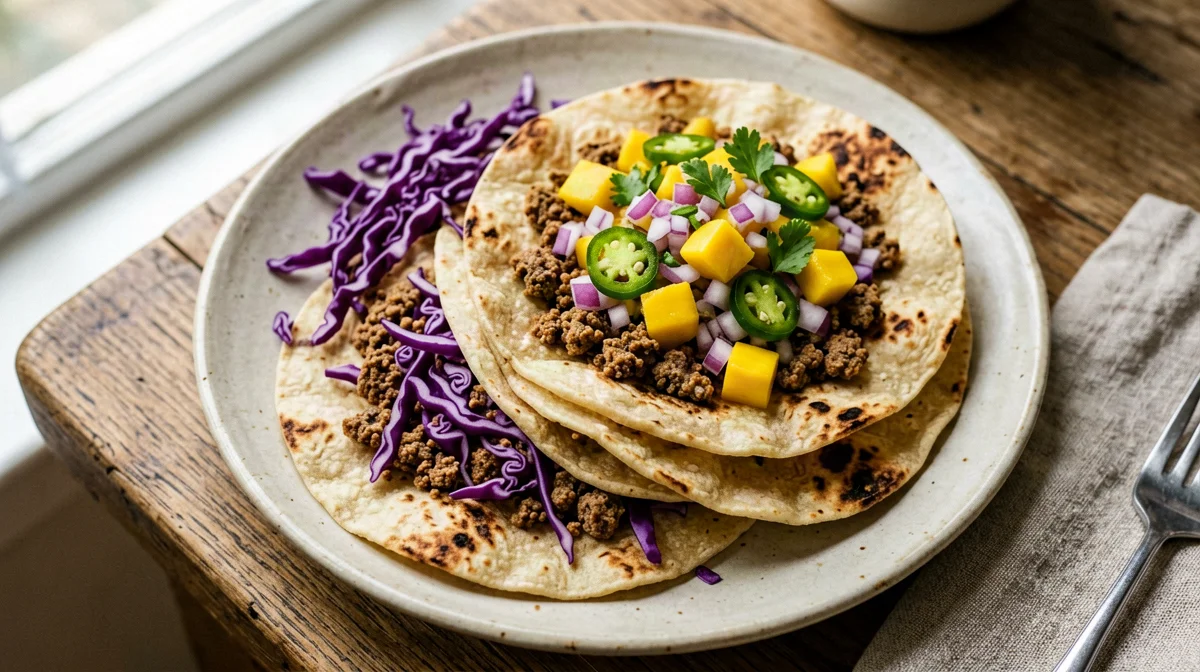 Tacos di mais con tempeh speziato e salsa di mango