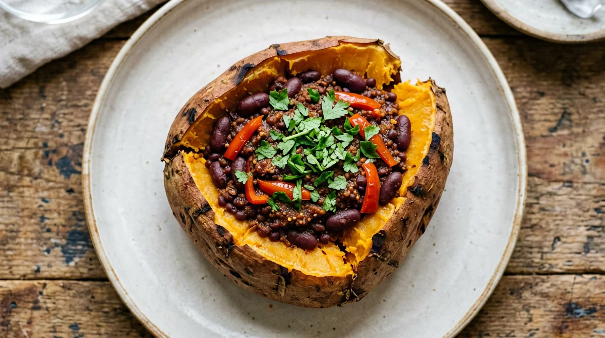 Chili di lenticchie e fagioli rossi con patate dolci al forno
