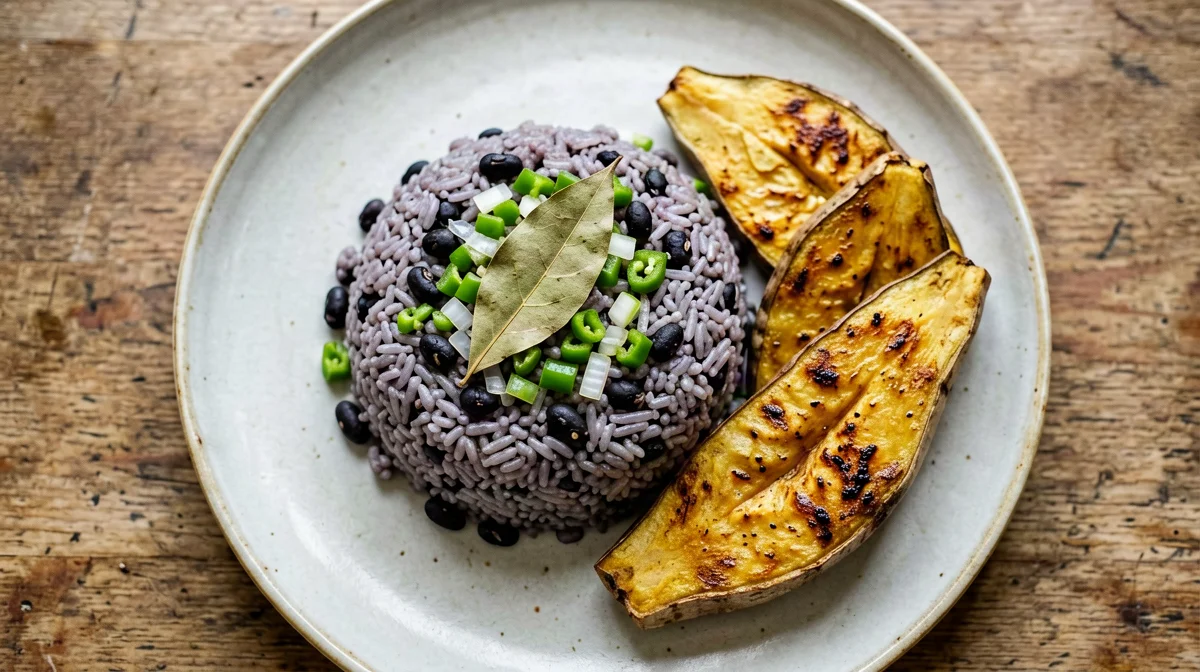 Moros y cristianos: black beans and rice with baked plantain