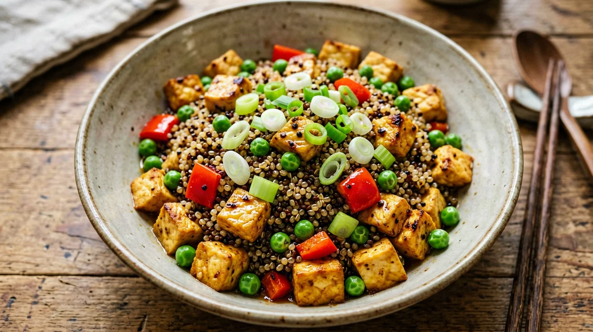 Peruvian quinoa chaufa with tofu and spring onion