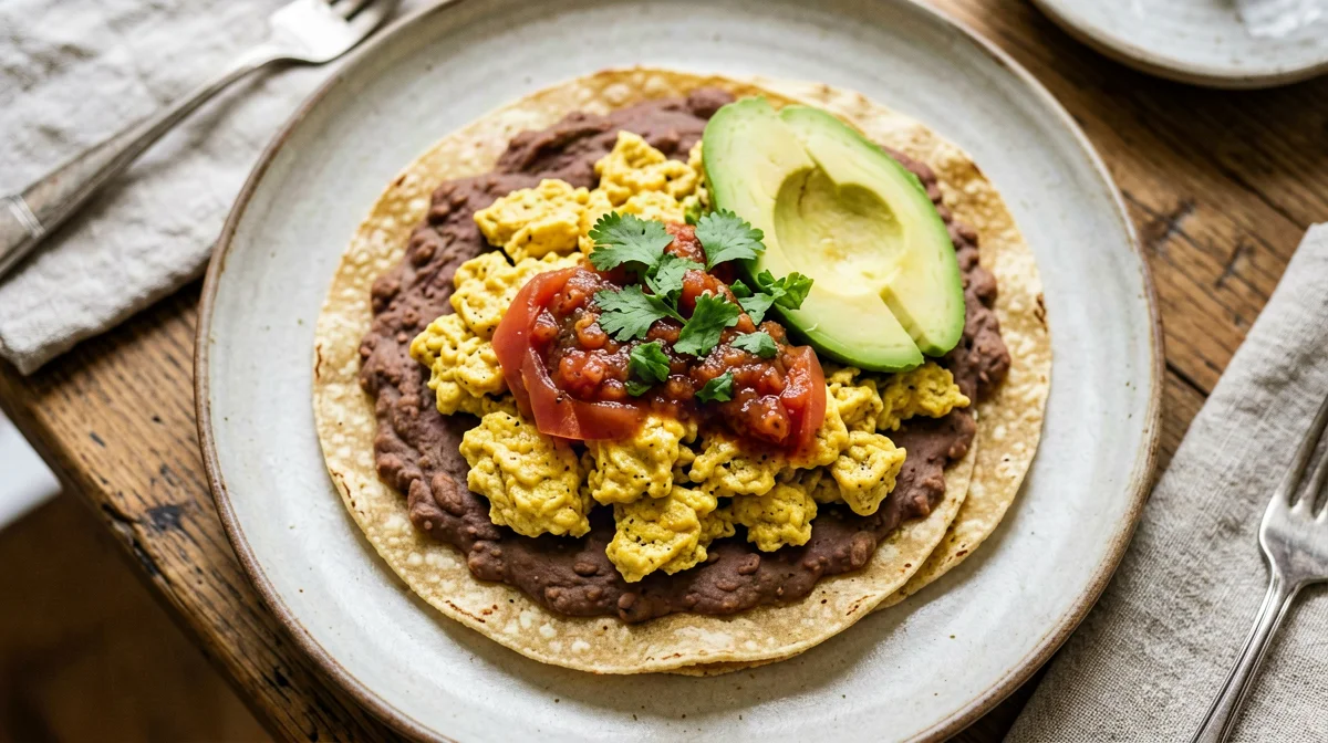 Scrambled tofu rancheros with corn tortillas and beans