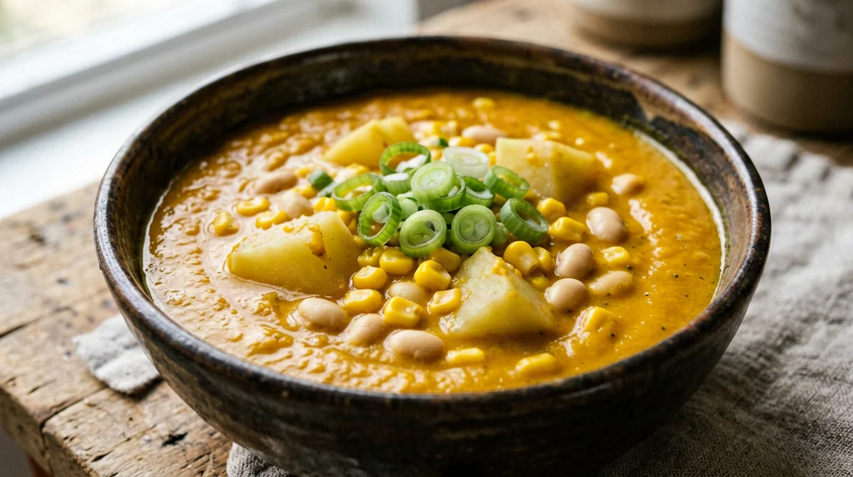 Locro andino di zucca, mais e fagioli cannellini