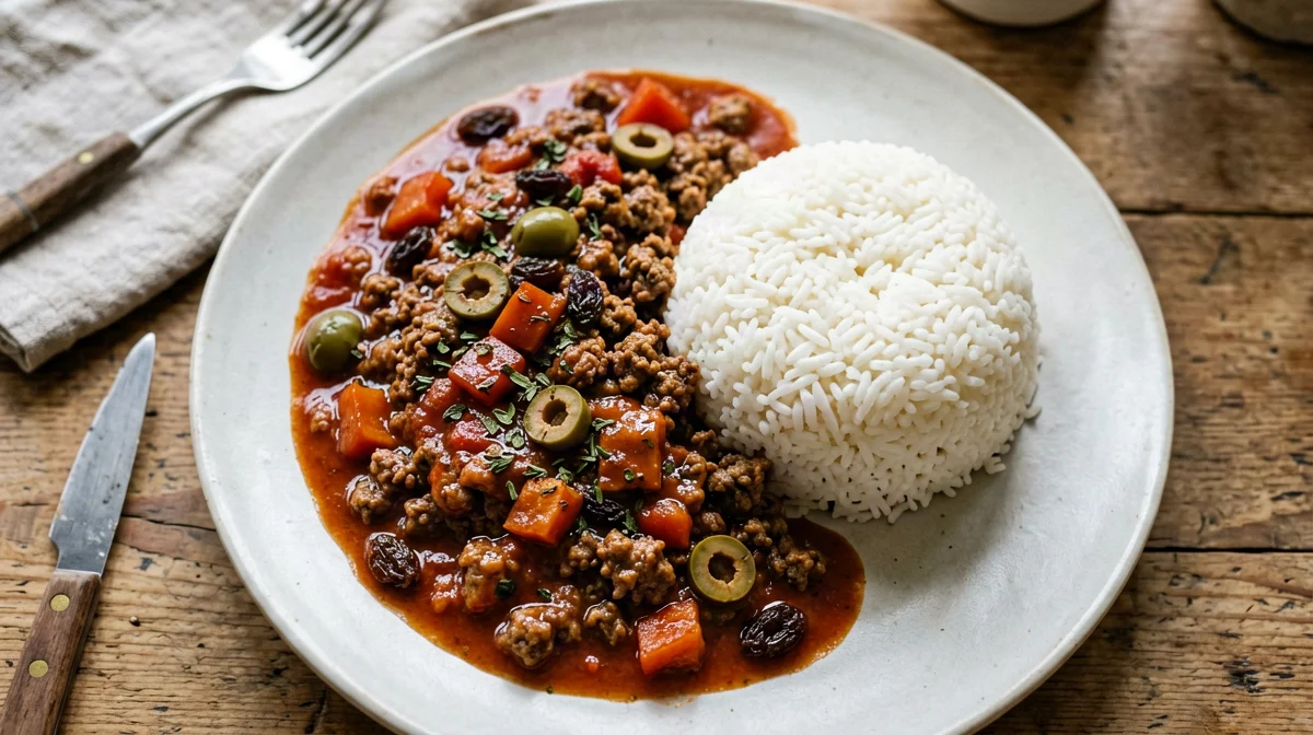 Picadillo cubano di tempeh con olive, uvetta e riso