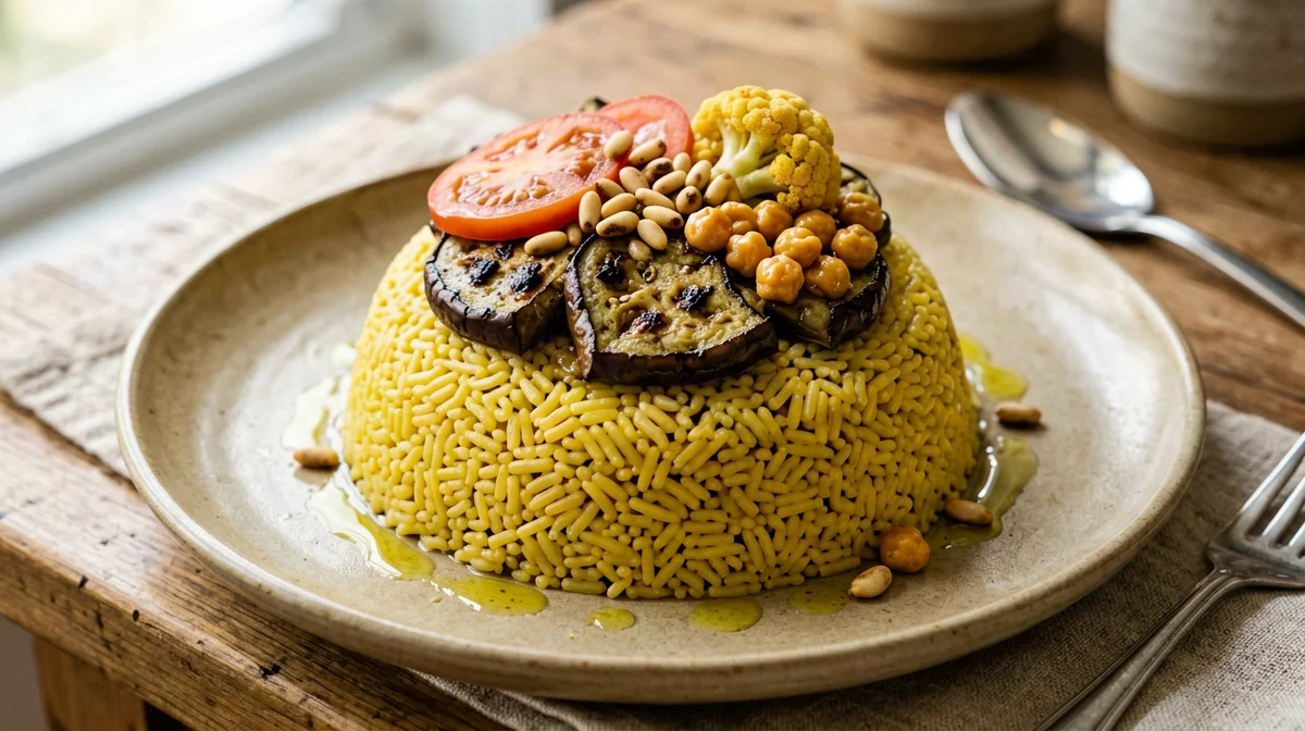 Maqluba vegana di riso, melanzane, cavolfiore e ceci