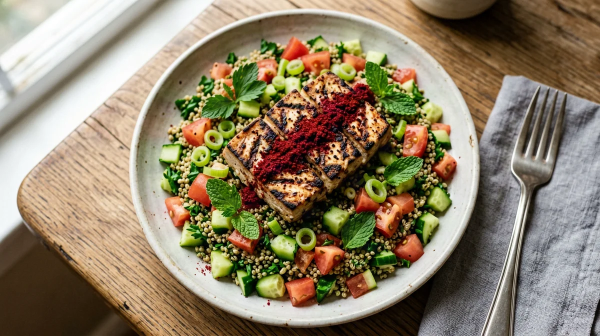 Tofu al sumac con tabbouleh di quinoa e prezzemolo