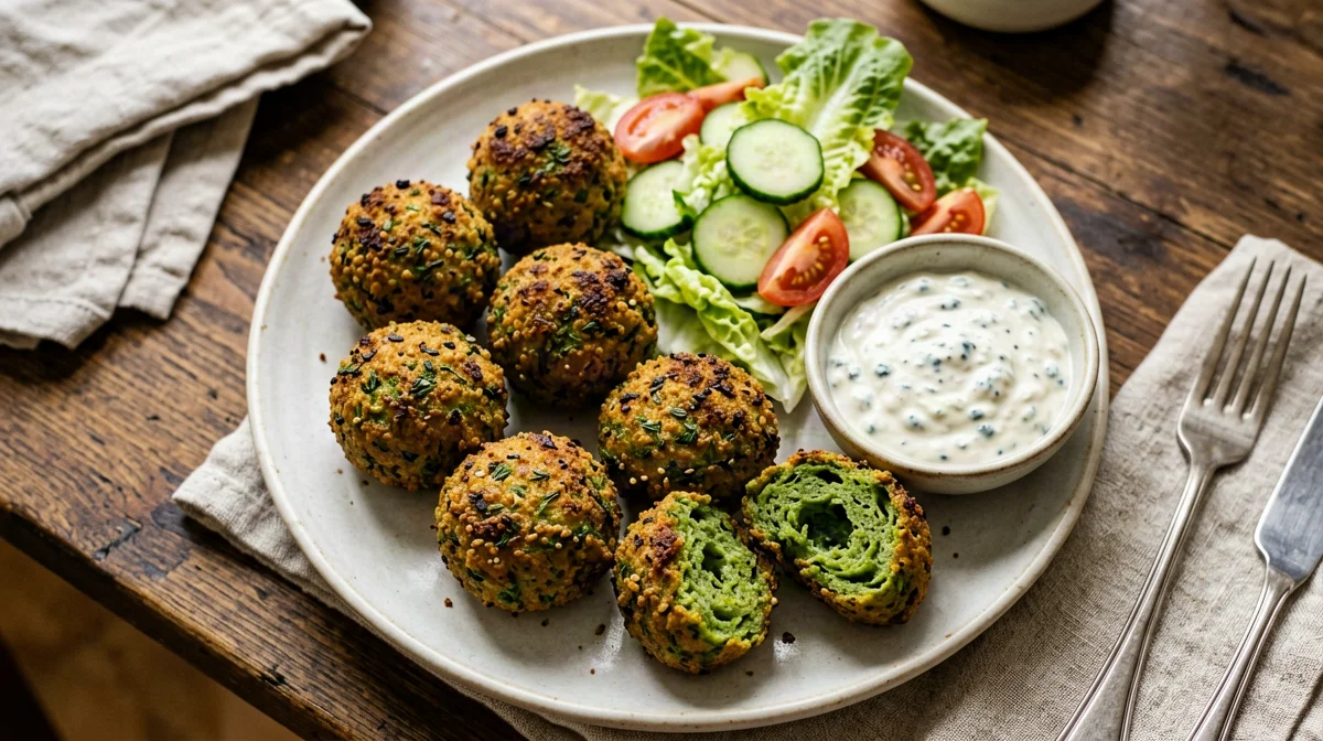 Baked falafel with cucumber salad and tahini sauce